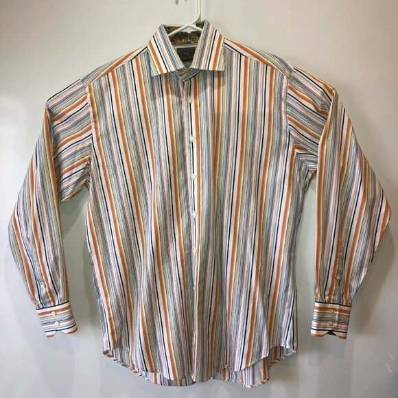 Thomas Dean Mens Large Multicolored Striped Flip Cuff Button Up Collar Shirt L - Picture 7 of 11